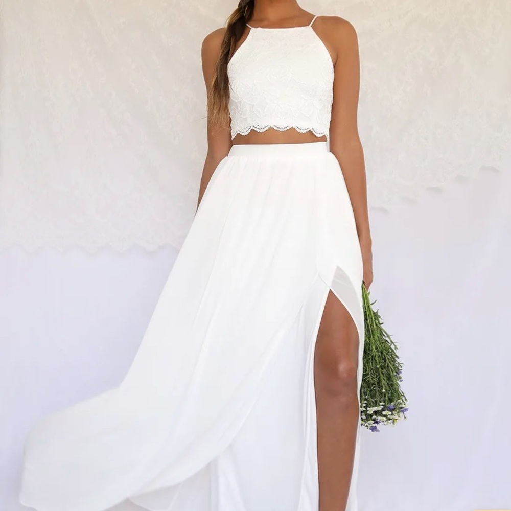 Lulu’s Midnight Memories White Lace Two-Piece Maxi Dress